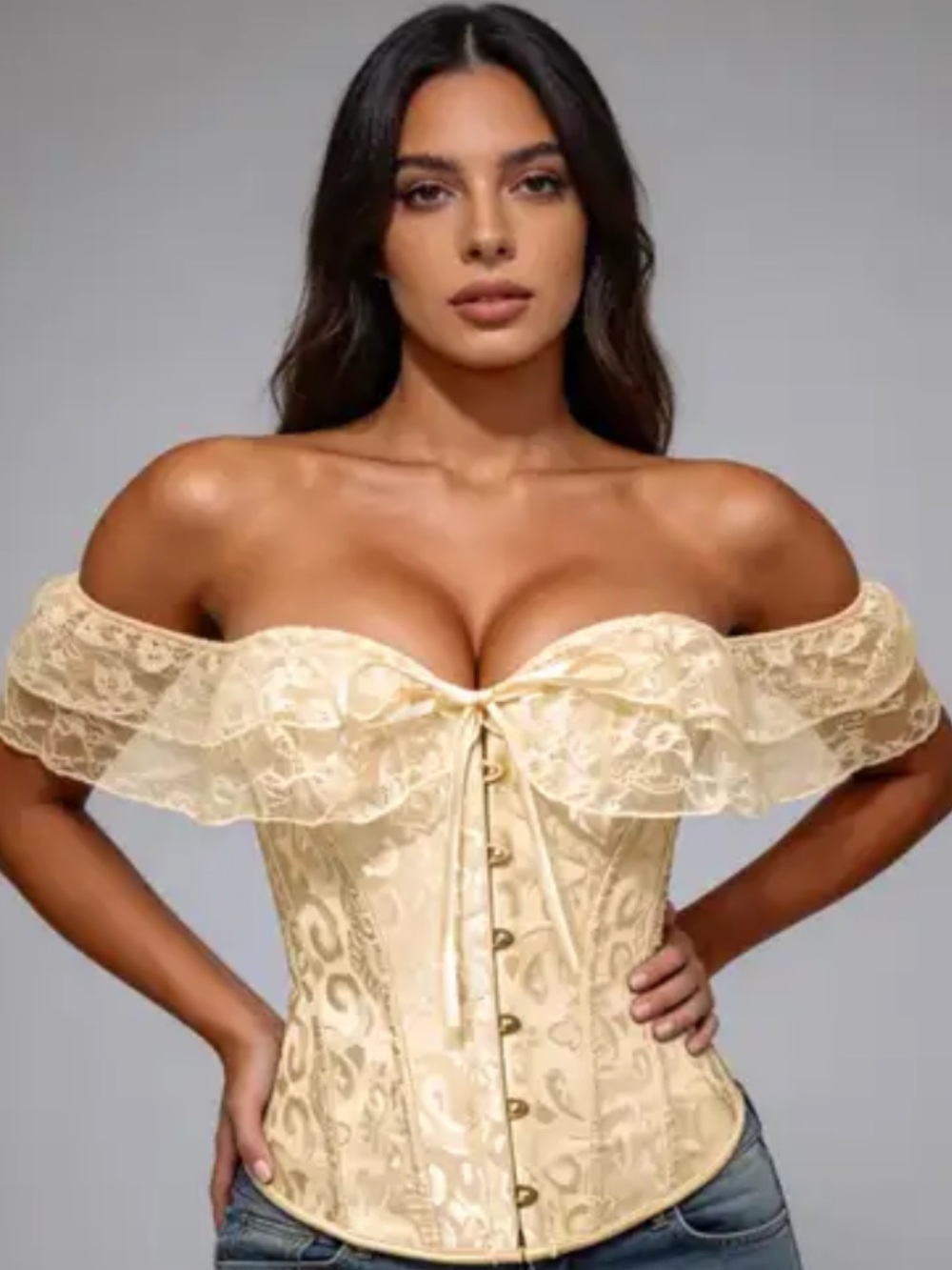 Off-Shoulder Floral Lace Bustier Corset Top - Cream/Beige, XXL